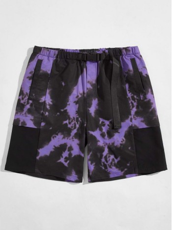 Men Buckle Belted Tie  Dye Shorts