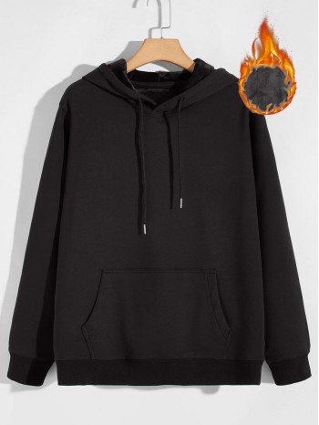 Men Solid Kangaroo Pocket Drawstring Hoodie