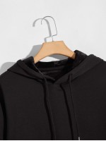 Men Solid Kangaroo Pocket Drawstring Hoodie