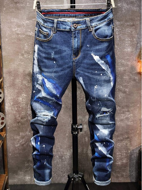 Men Splatter Print Ripped Skinny Jeans