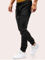 Men Locomotive Pleats Drawstring Waist Sweatpants