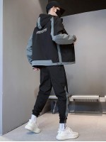 Men Letter Graphic Drawstring Hooded Jacket & Sweatpants