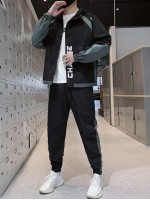 Men Letter Graphic Drawstring Hooded Jacket & Sweatpants