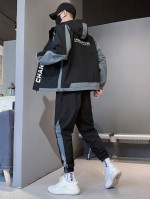 Men Letter Graphic Drawstring Hooded Jacket & Sweatpants