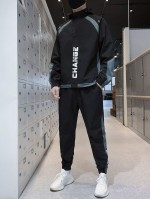 Men Letter Graphic Drawstring Hooded Jacket & Sweatpants