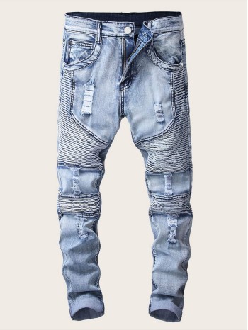 Men Zipper Ripped Washed Moto Jeans