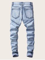 Men Zipper Ripped Washed Moto Jeans