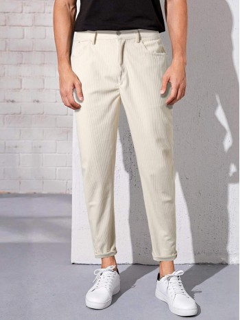 Men Corduroy Slant Pockets Straight Trousers