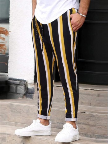 Men Striped Print Drawstring Waist Pants