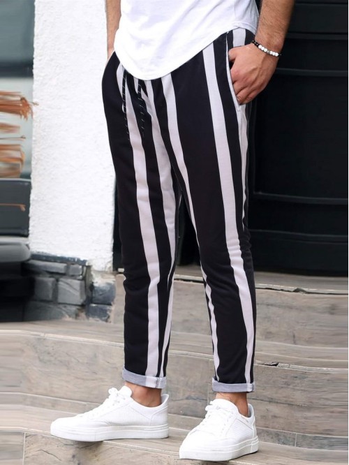 Men Striped Print Drawstring Waist Pants