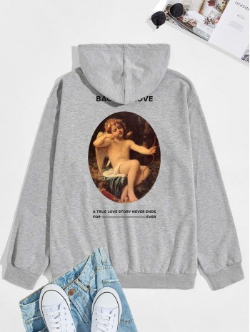 Men Slogan And Angel Print Drawstring Hoodie