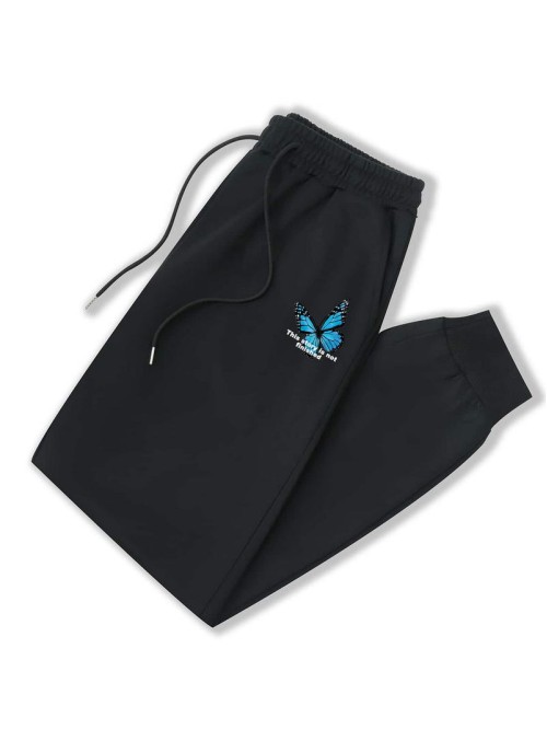 Men Slogan & Butterfly Print Drawstring Waist Sweatpants