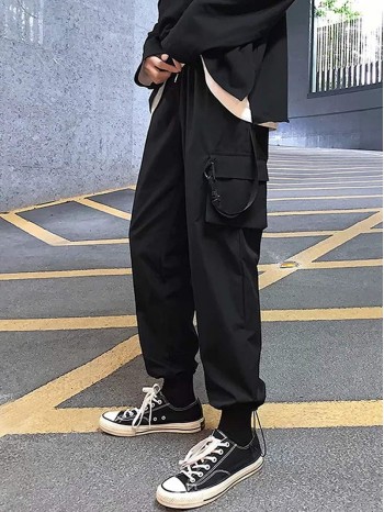 Men Drawstring Hem Ribbon Detail Cargo Pants