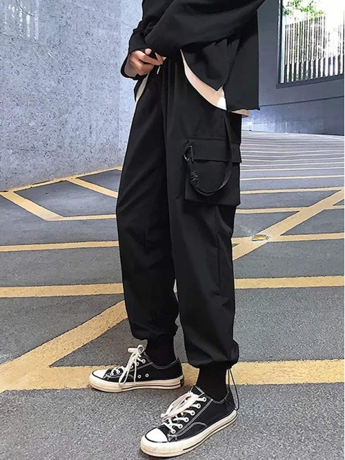 Men Drawstring Hem Ribbon Detail Cargo Pants