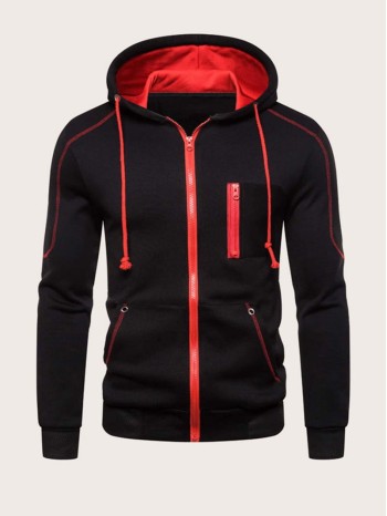 Men Contrast Topstitching Drawstring Hoodie