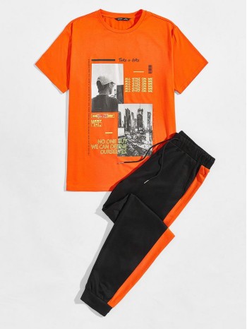 Men Slogan and Figure Graphic Top & Sweatpants Set