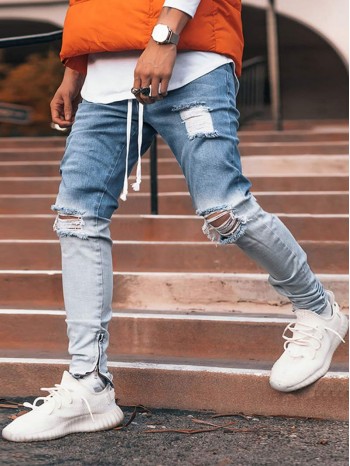 Men Drawstring Waist Ripped Ombre Jeans