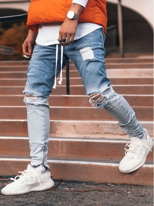 Men Drawstring Waist Ripped Ombre Jeans