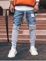 Men Drawstring Waist Ripped Ombre Jeans