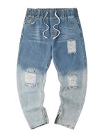 Men Drawstring Waist Ripped Ombre Jeans