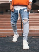 Men Drawstring Waist Ripped Ombre Jeans