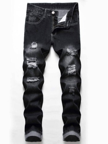 Men Washed Ripped Button Fly Jeans