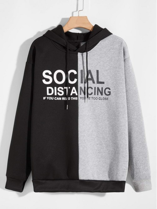 Men Two Tone Slogan Graphic Drawstring Hoodie