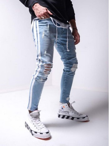 Men Side Striped Ripped Skinny Jeans