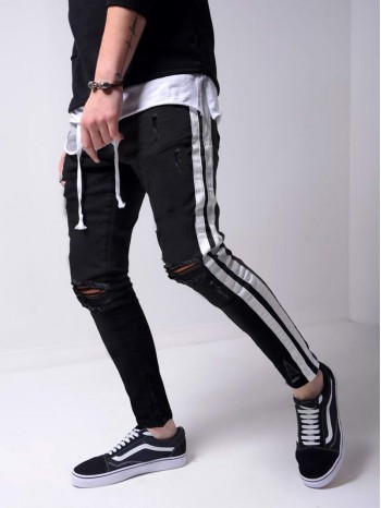 Men Side Striped Ripped Skinny Jeans