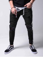 Men Side Striped Ripped Skinny Jeans