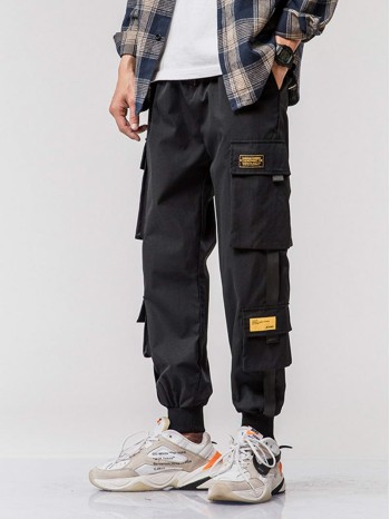 Men Letter Patched Flap Pocket Cargo Pants