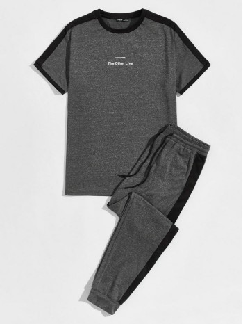 Men Contrast Trim Slogan Graphic Top & Sweatpants Set