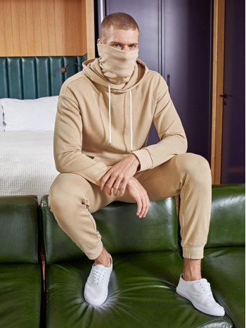 Men Drop Shoulder Mask Turtleneck Drawstring Hoodie & Joggers Set