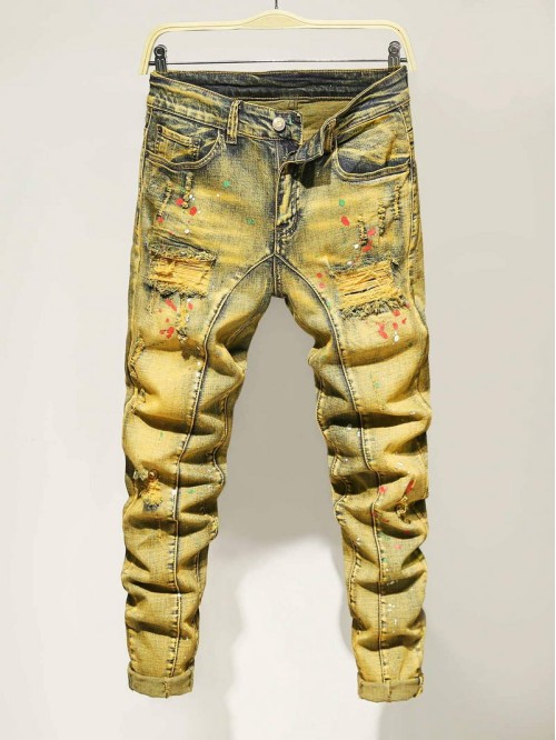 Men Ripped Zipper Fly Tapered Jeans