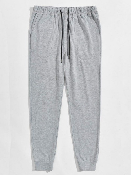 Men Topstitch Detail Heather Gray Drawstring Waist Sweatpants