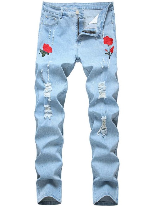 Men Floral Embroidery Ripped Skinny Jeans