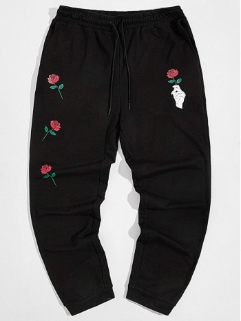 Men Drawstring Waist Hand & Floral Print Joggers