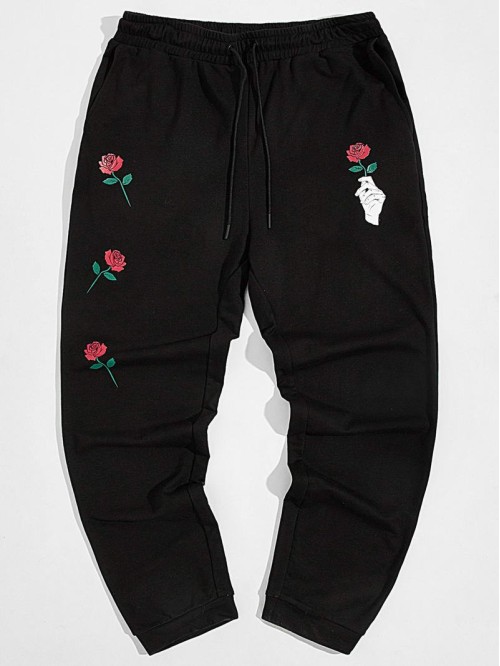 Men Drawstring Waist Hand & Floral Print Joggers