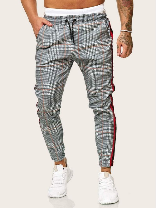 Men Striped Tape Side Glen Plaid Drawstring Pants