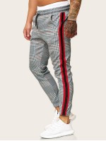 Men Striped Tape Side Glen Plaid Drawstring Pants