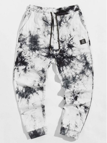 Men Drawstring Waist Patched Detail Tie Dye Joggers