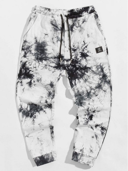 Men Drawstring Waist Patched Detail Tie Dye Joggers