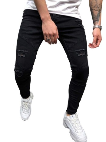 Men Ripped Zipper Fly Skinny Jeans