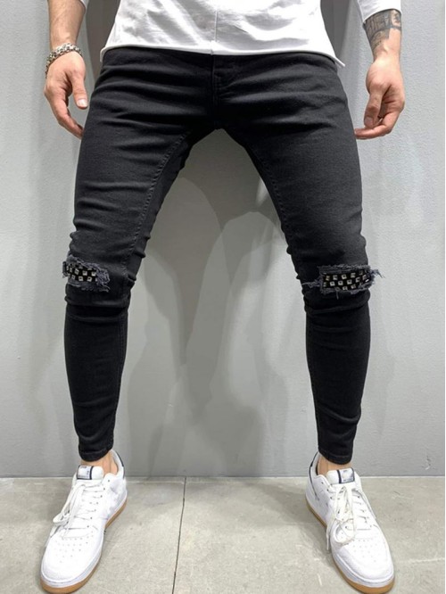 Men Ripped Studded Skinny Jeans