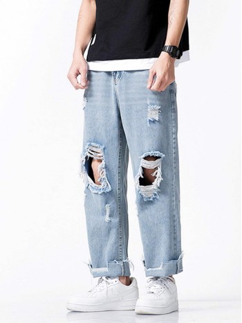 Men Snow Wash Distressed Wide Leg Jeans