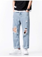 Men Snow Wash Distressed Wide Leg Jeans