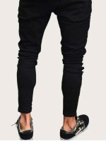 Men Tape Side Ripped Belted Jeans