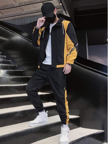 Men Two Tone Drawstring Hooded Jacket & Sweatpants