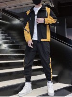 Men Two Tone Drawstring Hooded Jacket & Sweatpants