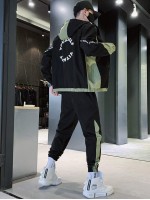 Men Two Tone Drawstring Hooded Jacket & Sweatpants